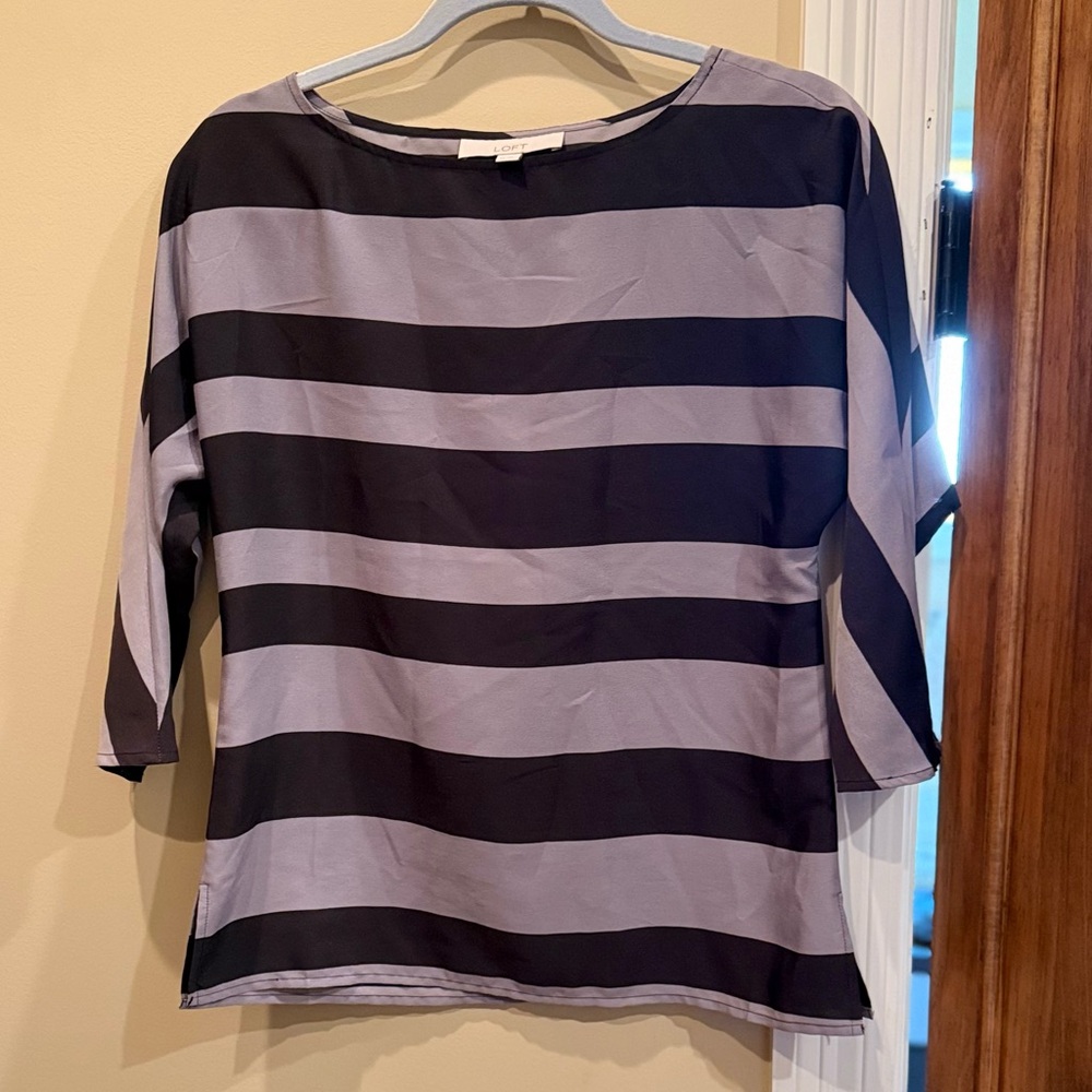 LOFT Black and Gray Striped Blouse